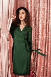 Silk Wrap Dress with Lace Trim Hem and Long Sleeves